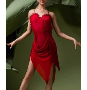 Women young girls red fringe latin dance dresses salsa rumba chacha backless solo ballroom dancing costumes for female